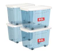 Cetomo 80L*4 Plastic Storage Boxes with Wheels, Lidded Storage Box with Secure Side Latches, PP Nestable and Stackable Clear Organizer for Home, Office, Moving, Transparent Blue, 80L-4 Pack
