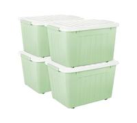 Cetomo 80L*4 Storage Boxes with Lids, Plastic Storage Box with Wheels and Secure Side Latches, Stackable & Nestable Organizer for Home, Office, Moving, PP, Green, 80L-4 Pack