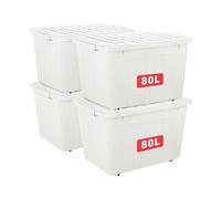 Cetomo 80L*4 Storage Boxes with Lids, Plastic Storage Box with Wheels and Secure Side Latches, Stackable & Nestable Organizer for Home, Office, Moving, PP, White, 80L-4 Pack