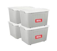 Cetomo 80L*4 Storage Boxes with Wheels, Plastic Storage Box with Lid, Latching Buckles, Click Closure, Stackable, Nesting, Durable Organizer for Home Office Clothes, Gray, 80L-4 Pack
