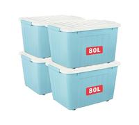Cetomo 80L*4 Storage Boxes with Lids, Plastic Storage Box with Wheels and Secure Side Latches, Stackable & Nestable Organizer for Home, Office, Moving, PP, Blue, 80L-4 Pack