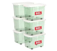 Cetomo 80L*6 Plastic Storage Boxes with Wheels, Lidded Storage Box with Secure Side Latches, PP Nestable and Stackable Clear Organizer for Home, Office, Moving, Transparent Green, 80L-6 Pack