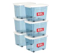Cetomo 80L*6 Storage Boxes with Wheels, Plastic Storage Box with Lid, Latching Buckles, Click Closure, Stackable, Nesting, Durable Organizer for Home Office Clothes, Clear Blue, 80L-6 Pack