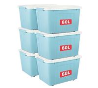 Cetomo 80L*6 Storage Boxes with Lids, Plastic Storage Box with Wheels and Secure Side Latches, Stackable & Nestable Organizer for Home, Office, Moving, PP, Blue, 80L-6 Pack