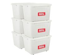 Cetomo 80L*6 Plastic Storage Box,White, Tote box,Organizing Container with Durable Lid and Secure Latching Buckles, Stackable and Nestable, 6Pack, with Buckle
