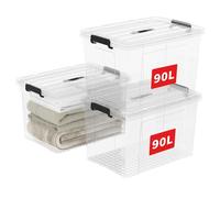 Cetomo 90L*3 Storage Boxes, Carry Plastic Storage Box with Lids, Organizing Container with Handle and Secure Latching Buckles, Stackable, Nestable, Tote Bin for Home Office Clothes, 90L-3Pack, Clear