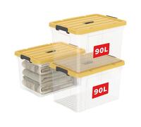 Cetomo 90L*3 Storage Boxes, Carry Plastic Storage Box with Lids, Organizing Container with Handle and Latching Buckles, Stackable, Nestable, Tote Bin for Home Office Clothes, 90L-3Pack, Clear & Yellow