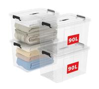 Cetomo 90L*4 Storage Boxes, Carry Plastic Storage Box with Lids, Clear Organizing Container with Handle and Secure Latches, Nestable & Stackable Tote Box for Home Office, 90L-4 Pack, Transparent