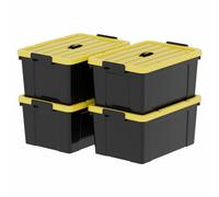 Cetomo 90L*4 Storage Boxes, Plastic Storage Box with Lids, Handle and Latching Buckles for Tool Outdoor Garden Garage Home, Durable, Heavy Duty, Stackable, Nesting, Black and Yellow, 90L(4 Pack)
