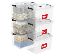 Cetomo 90L*6 Storage Boxes, Carry Plastic Storage Box with Lids, Clear Organizing Container with Handle and Secure Latches, Nestable & Stackable Tote Box for Home Office, 90L-6 Pack, Transparent