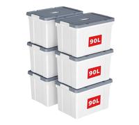 Cetomo 90L*6 Storage Boxes, Carry Plastic Storage Box with Lids, Organizing Container with Handle and Secure Latching Buckles, Stackable, Nestable, Tote Bin for Home Office Clothes, 90L-6Pack, White