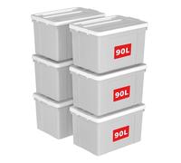 Cetomo 90L*6 Storage Boxes, Plastic Storage Box with Lids, Organizing Container with Secure Latching Buckles, Stackable, Nestable, Tote Bin for Home Office Clothes, 90L-6Pack, Gray