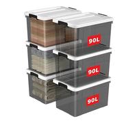 Cetomo 90L*6 Storage Boxes, Plastic Storage Box with Lids, Organizing Container with Secure Latching Buckles, Stackable, Nestable, Large Bin for Home Clothes, 90L-6Pack, Clear Black