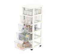 Cetomo Plastic Storage Drawers Unit, Storage Drawer on Locking Wheels, Tower with Interlocking Hooks for Home Office Closet Bedroom Dorm, Detachable, Free Combination, Clear and White, 5 Drawers