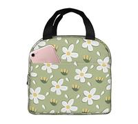 Ceudet Aesthetic Green Daisy Flower Lunch Bag for Women Men, Aesthetic Daisy Insulated Lunch Box Container with Frond Pocket for Work Picnic Travel
