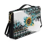Ceudet Aztec Cow Print Bible Carrying Case with Handle Leather Bible Cover with Shoulder Strap for Women Girls,Bible Book Cover Case for Study, Dark Blue and Yellow, Size L