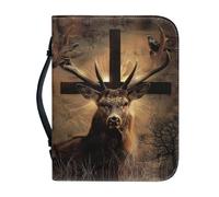 Ceudet Bible Case Covers PU Leather Bible Carrying Holder with Handle and Zipper Pocket Study Bible Case for Men Crossbody Bag,Gothic Deer and Cross,L
