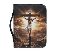 Ceudet Bible Cover with Handle,Carrying Book Case Church Bag Bible,Protective with Zippered Pocket, Bible Study Accessories Supplies, Book Protector for Book Lovers,Jesus and Cross,L