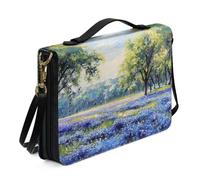 Ceudet Blue Floral Painting Bible Cover with Straps & Handle for Women Girls PU Leather Bible Case Large Capacity Book Bag Tote Bag Bible Church Bag