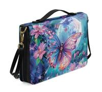 Ceudet Butterfly Planet Bible Case for Women Teen Girls, Leather Bible Cover with Shoulder Strap,Bible Carrying Case with Storage, Blue and Purple, Size L