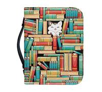 Ceudet Cat Books Print Bible Cover for Women Men PU Leather Bible Carrying Book Case Kids Church Bag Scripture Bag BibleHandbag Handle and Zippered Pocket, M