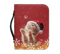 Ceudet Christmas Bible Cover with Handle for Boys Girls PU Leather Bible Case Large Capacity Book Bag Tote Bag Bible Church Bag,Cute Christmas Cat,M