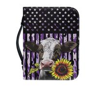 Ceudet Cow Sunflower Camo Purple Print Bible Cover for Women Men Large Capacity Bible Bag with Top Handle Casual Book Holder Pack Bible Carrier with Pockets for Outdoor Bible Study, 2XL