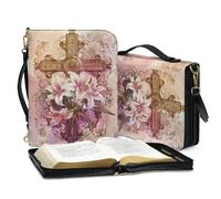 Ceudet Cross Flower Printed Bible Carrying Case for Women, Storage Church Bible Bag with Shoulder Strap, Lightweight Bible Book Cover with Pen Slots, Pink, 2XL