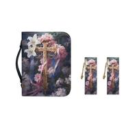Ceudet Cross Flowers Women Bible Carrying Case Waterproof Bible Tote Bag for Man Large PU Leather Bible Organizer Bag Leather Classic Stitched Bookmark 2 Packs