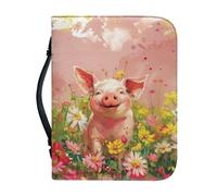 Ceudet Cute Pig Retro Daisy Flower Print Bible Cover PU Leather Bible Case for Women Men Large Capacity Book Carrying Case Church Bible Bag Scripture Protector with Zipper Pocket, 2XL