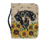 Ceudet Dachshund Dog Sunflower Print Bible Cover Faux Leather Bible Case for Women Men Book Carrying Case Large Capacity Church Bible Bag with Zipper Pockets for Prayer Study, L