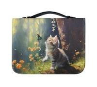 Ceudet Flower Butterfly Cat Printed Bible Cover for Men Women, PU Leather Carrying Book Case Church Bag Biblewith Handle and Zippered, L