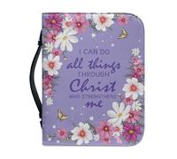 Ceudet Flower Print Bible Cover Case with Pen Storage, PU Leather Book Cover for Kids and Adults, Large Capacity Bag Bible Tote Bag, I Can Do All Things Through Christ Who Strengthens Me, XXL