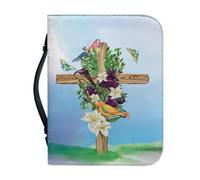 Ceudet Lightweight Bible Cover with Top Handle Book Carrier Case with Pockets Bible Holder Pack for Women Men go Church Library Prayer Study, Lily Flower Butterfly Magpie Cross Pattern, 2XL