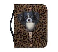 Ceudet Papillon Dog Leopard Print Bible Covers for Women Men PU Leather Bible Case Book Cover Carrying Bags Multi-Functional Organizer with Handle Nice Gifts, L