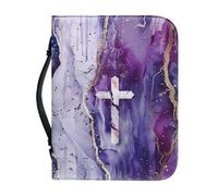 Ceudet Purple Marble Cross Bible Covers for Women PU Leather Bible Case Book Carrying Handbag Portable Bible Study Church Tote Bags with Handle Scripture Journaling Organizer Protector