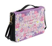 Ceudet Trust Heart Flower Print Bible Cover Faux Leather Bible Bag for Women Men Book Carrying Case with Shoulder Strap Lightweight Bible Organizer Holder Scripture Protector, L