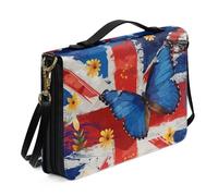 Ceudet Union Jack Bible Cover with Shoulder Strap Zipper Butterfly Bible Case with Handle for Women Girls, Leather Bible Carrying Case for Church Study, Blue and Red, Size M