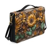 Ceudet Vintage Sunflower Bible Cover with Handle Bible Case with Pen Storage, Leather Bible Carrying Case with Shoulder Strap,Bible Bag, Brown, Size XL