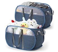 Ceuku 65L Collapsible Laundry Basket 2 Pcs Pop Up Laundry Hampers with 4 Carry Handles, Foldable Mesh Laundry Basket for Clothes, Toy, Easy to Carry and Go Up or Down Stairs Pop Up Laundry Basket Blue