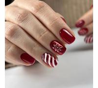 CEWEWP 24Pcs Christmas Press on Nails - Short Square Fake Nails with Designs - Red Solid Color Glue on Nails Candy Cane Stripe - Snowflake Pattern - Dark Wine Red Glossy Stick on Nails for women