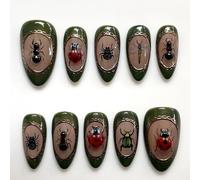 CEWEWP 30Pcs Summer Almond Press on Nails Medium Fake Nails with Insect Atlas Designs 3D Insect Glue on Nails Handmade Acrylic Nails Glossy Full Cover False Nails Retro Stick on Nails for Women