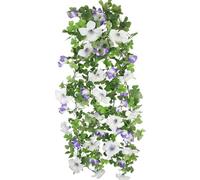 CEWUDA 2 Pcs Artificial Flowers Vines Garland Purple Petunias Silk Spring Flowers Garland for Mantle 11 FT Fake Morning Glory Hanging Vines Plants for Outdoors Wall Fence Indoor Wedding Banquet Decor