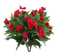 CEWUDA 2 Pcs Artificial Impatiens Flowers for Outdoors Faux Impatiens Bushes Red Silk Flower Greenery Faux Flowers for Outdoor Planters Patio Lawn Garden Balcony Pot Hanging Basket Porch Decoration