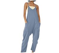 Cexiakong Jumpsuit Women's Summer Sleeveless Dungarees Casual Long/Short Overalls Elegant Plain Playsuit Loose Cotton One Piece with Pockets V Neck Straps Romper Lightweight Straight Leg Romper, Blue