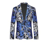 Cexiakong Men's Blazer with Floral Pattern Slim Fit Jacquard Suit Jacket Stylish Prom Party Sports Coat for Wedding Prom Leisure Events Breathable Coat, P Blue, 4XL