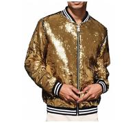 Cexiakong Men's Metallic Sequin Jacket with Zip Baseball Bomber Jacket for Halloween 70s 80s Party Dance Disco Metallic Shiny Glitter Hiphop Long Sleeve Biker Jacket Outwear Party, gold, L