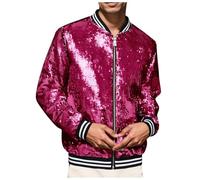 Cexiakong Men's Metallic Sequin Jacket with Zip Baseball Bomber Jacket for Halloween 70s 80s Party Dance Disco Metallic Shiny Glitter Hiphop Long Sleeve Biker Jacket Outwear Party, Hot pink, L