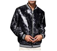 Cexiakong Men's Metallic Sequin Jacket with Zip Baseball Bomber Jacket for Halloween 70s 80s Party Dance Disco Metallic Shiny Glitter Hiphop Long Sleeve Biker Jacket Outwear Party, black, L