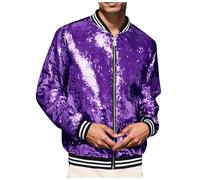 Cexiakong Men's Metallic Sequin Jacket with Zip Baseball Bomber Jacket for Halloween 70s 80s Party Dance Disco Metallic Shiny Glitter Hiphop Long Sleeve Biker Jacket Outwear Party, Purple, M